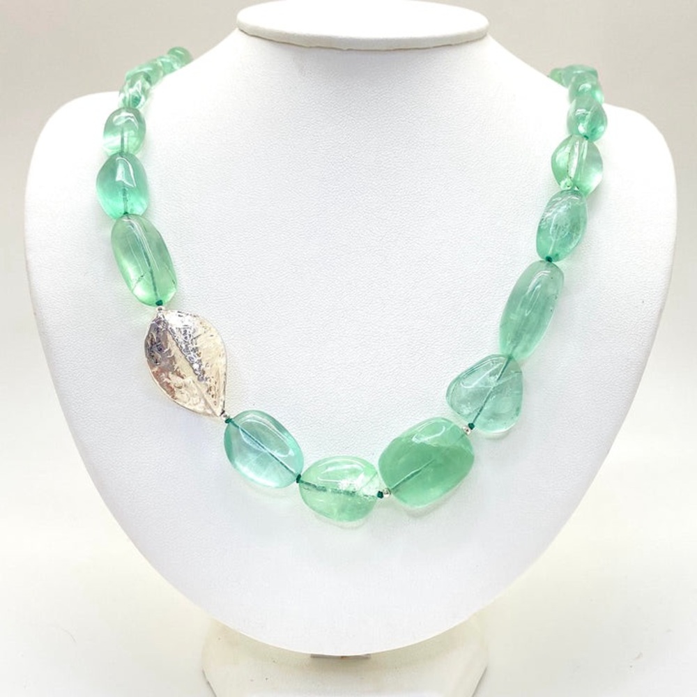 Sea Glass Necklace Sterling Silver Accent Adjustable luminous Fluorite Nuggets